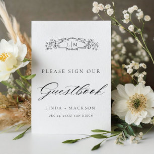 Elegant botanical crest monogram wedding Guestbook Pedestal Sign