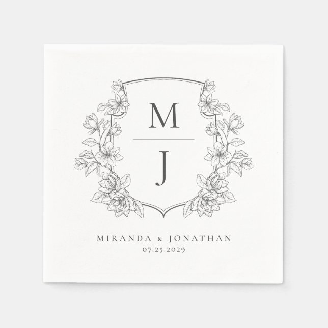 Elegant Botanical Crest Monogram Wedding Napkin (Front)