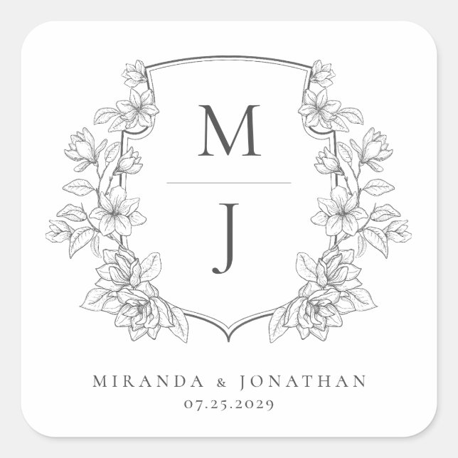Elegant Botanical Crest Monogram Wedding Square Sticker (Front)