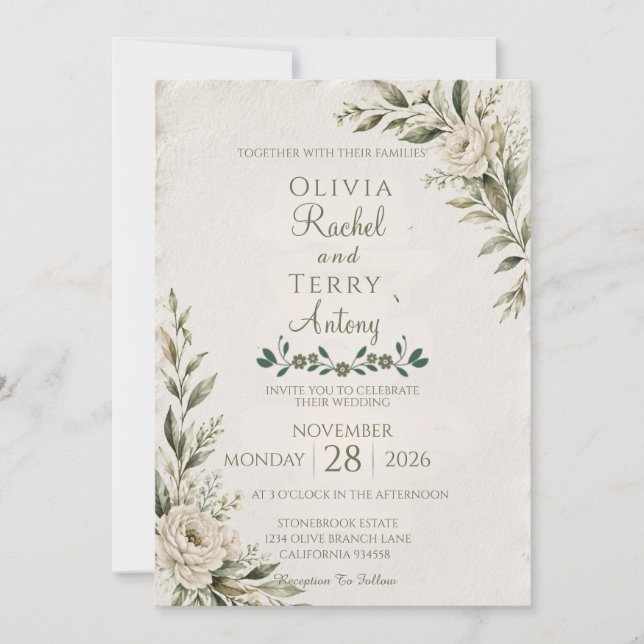 Elegant Botanical Deckle Edge Wedding Invitation (Front)