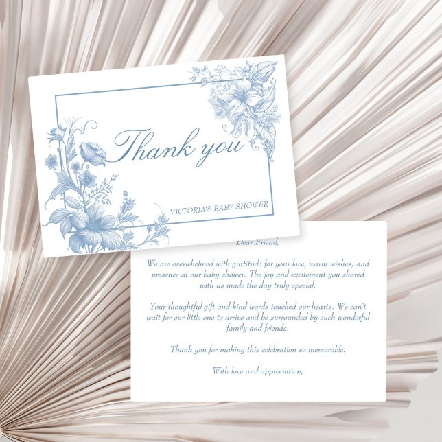 Elegant botanical dusty blue baby shower thank you card (Elegant French toile botanical dusty blue baby shower thank you card boy baby shower thank you cards)