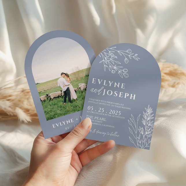 Elegant Botanical Dusty Blue Boho Arched Wedding Invitation (Creator Uploaded)