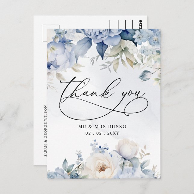 Elegant Botanical Dusty Blue Floral Thank You Postcard (Front/Back)