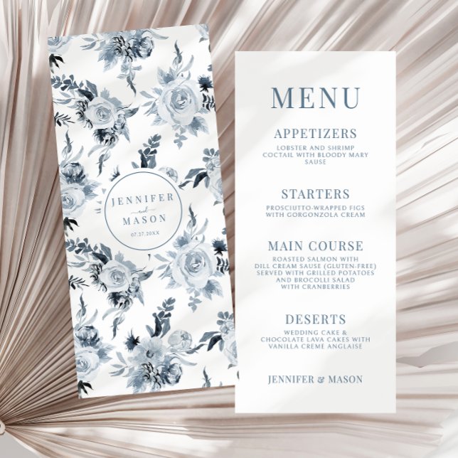 Elegant botanical dusty blue floral Wedding Menu (Creator Uploaded)