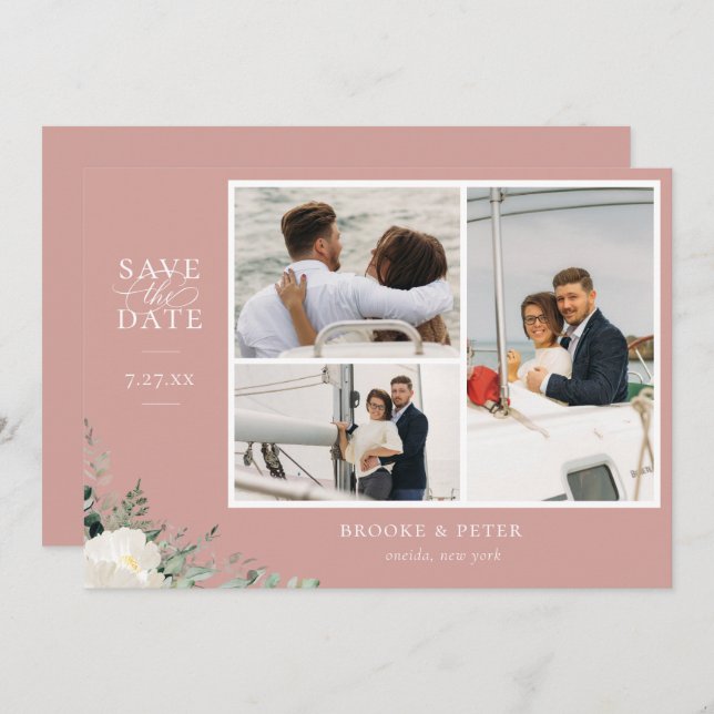Elegant Botanical Dusty Rose Photo Save The Date (Front/Back)
