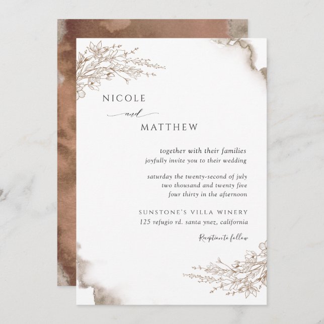 Elegant Botanical, Earthy Tones Watercolor Wedding Invitation (Front/Back)