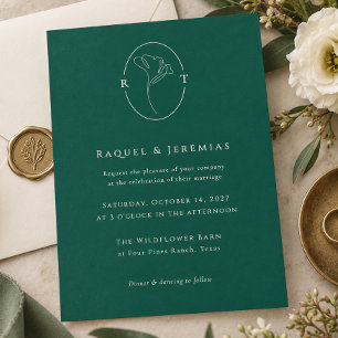 Elegant Botanical Emerald Green Monogram Wedding Invitation