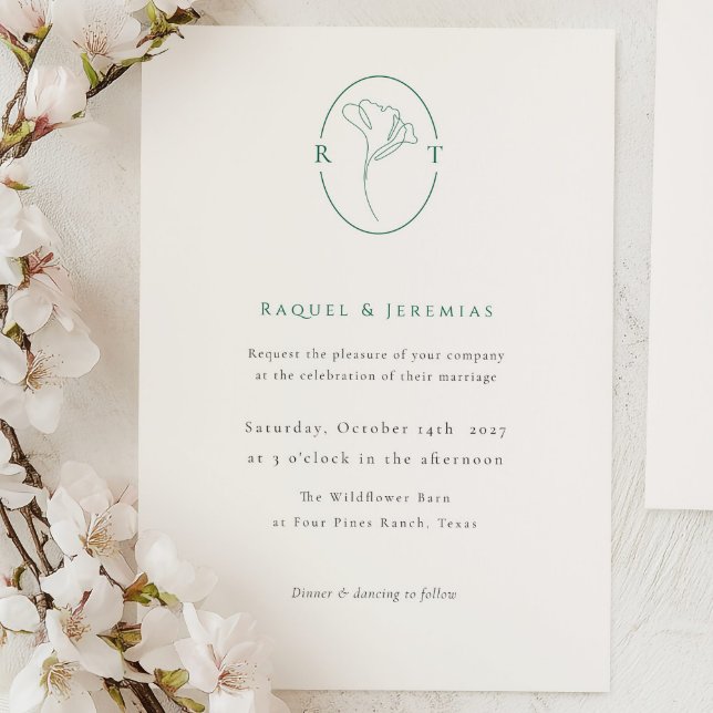 Elegant Botanical Emerald Monogram Wedding Invitation (Creator Uploaded)