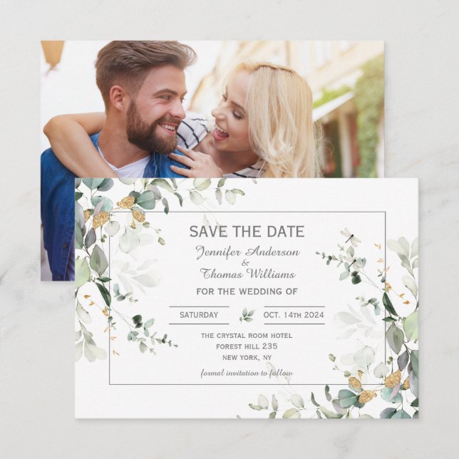 Elegant Botanical Eucalyptus Greenery    Save The Date (Front/Back)