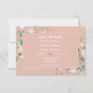 Elegant Botanical Eucalyptus Tea Rose Colour Save The Date