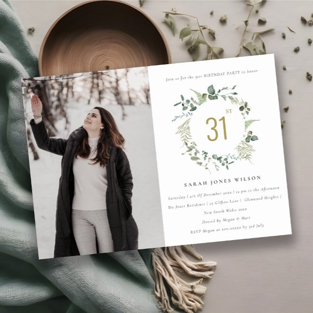 Elegant Botanical Eucalyptus Wreath Photo Birthday Invitation (Creator Uploaded)
