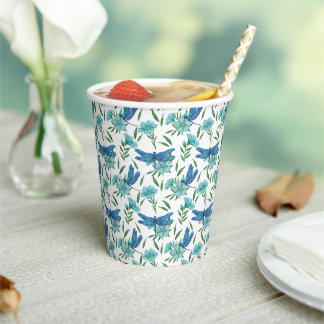 Elegant botanical floral and blue dragonfly paper cups