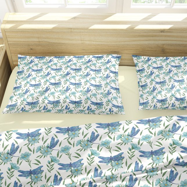 Elegant botanical floral and blue dragonfly pillowcase (Creator Uploaded)