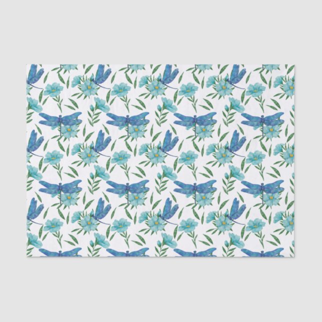Elegant botanical floral and blue dragonfly tissue paper (Front)