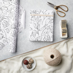 Elegant Botanical Floral Black and White Wrapping Paper