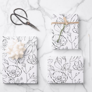 Elegant Botanical Floral Black and White Wrapping Paper Sheet