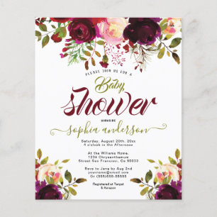 Elegant Botanical Floral Burgundy baby shower Girl Flyer