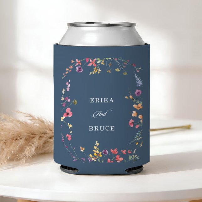 Elegant Botanical Floral Calligraphy Wedding Can Cooler (Creator Uploaded)