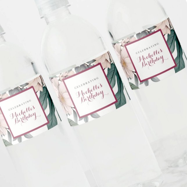 Elegant Botanical Floral Garden Birthday Party Water Bottle Label (Creator Uploaded)