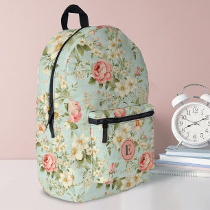 Elegant Botanical Floral Girls Monogram Printed Backpack