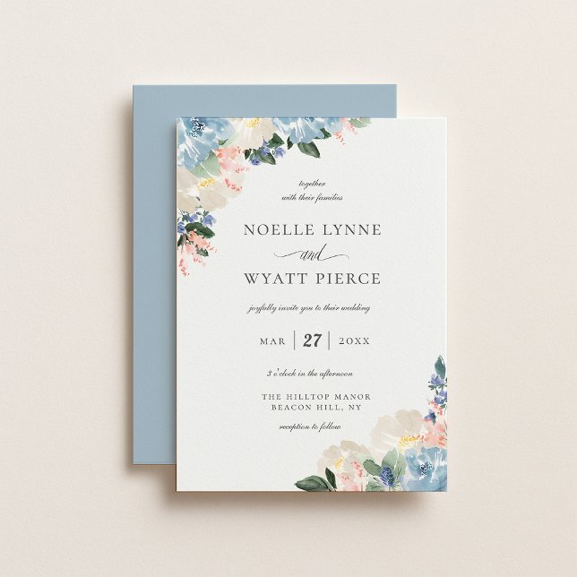 Elegant Botanical Floral Light Blue Wedding Invitation (Creator Uploaded)