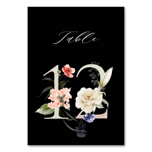 Elegant Botanical Floral Number 12, Black Table Number (Front)