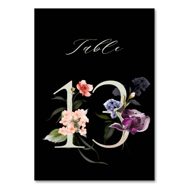 Elegant Botanical Floral Number 13, Black  Table Number (Front)