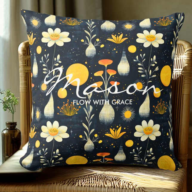 Elegant Botanical Floral Pattern in Navy Yellow Cushion (Creator Uploaded)