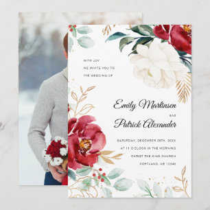 Elegant Botanical Floral Photo Christmas Wedding  Invitation