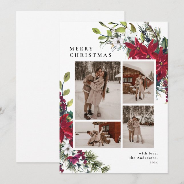 Elegant Botanical Floral Photo Collage Christmas Holiday Card (Front/Back)