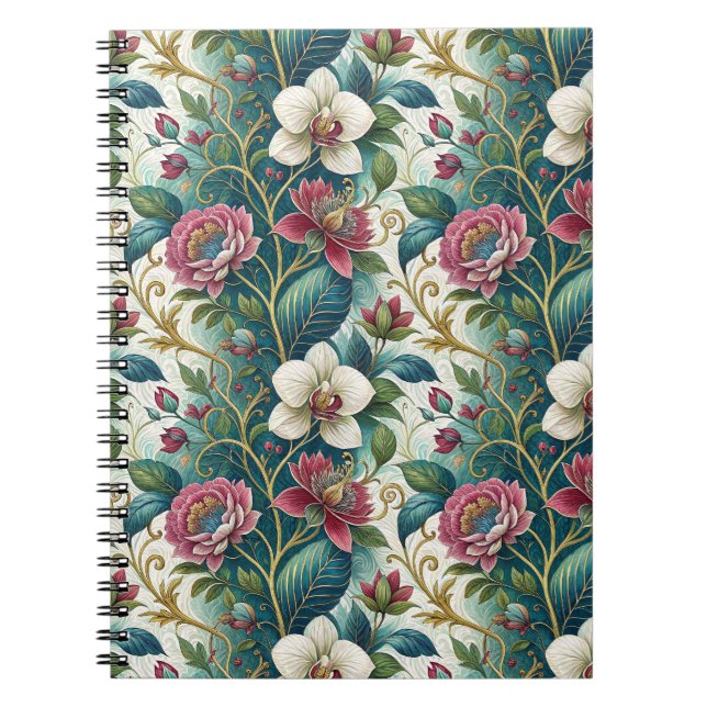 Elegant Botanical Floral Swirl Flowers Pattern Art Notebook (Front)