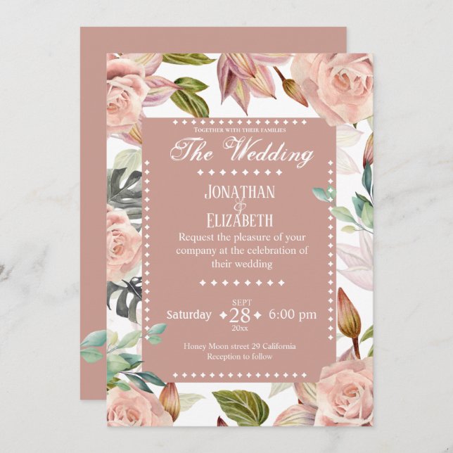 Elegant botanical floral wedding invitation roses  (Front/Back)