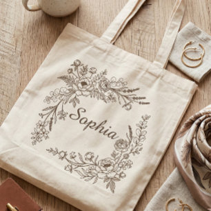 Elegant Botanical Floral Wreath Monogram Name  Tote Bag