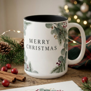 Elegant Botanical Foliage Christmas Wreath Two-Tone Coffee Mug
