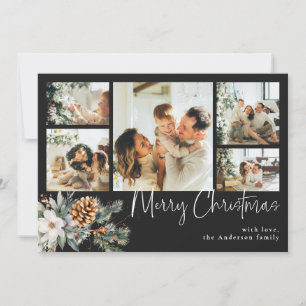 Elegant Botanical Foliage & Photo Black Christmas Holiday Card