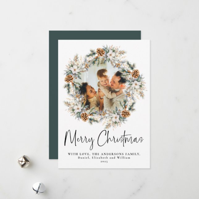 Elegant Botanical Foliage Wreath | Photo Christmas Holiday Card (Front/Back In Situ)