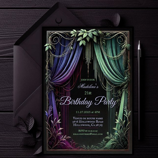 Elegant Botanical Forest Birthday Party Invitation (Elegant Gothic Birthday Party Invitation | Elegant Enchanting Magical Fairy Invite | Purple & Green)