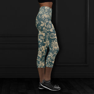 Elegant Botanical   Forest Green Sepia Gold Floral Capri Leggings