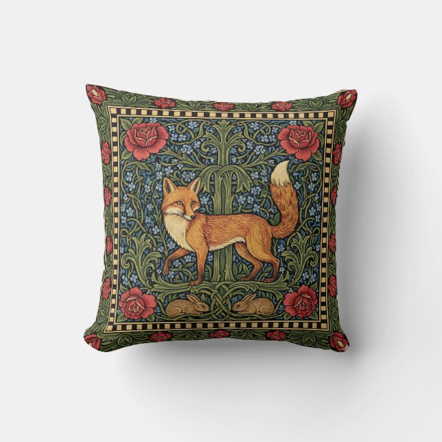 Elegant Botanical Fox William Morris Inspired Cushion (Front)