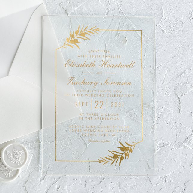 Elegant Botanical Frame Gold Wedding Acrylic Invitations (Creator Uploaded)