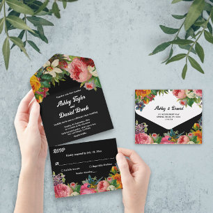 Elegant Botanical Garden Boho Black Floral Wedding All In One Invitation