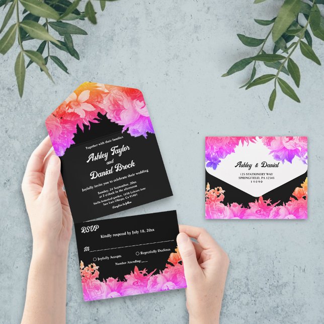 Elegant Botanical Garden Neon Light Floral Wedding All In One Invitation (Creator Uploaded)