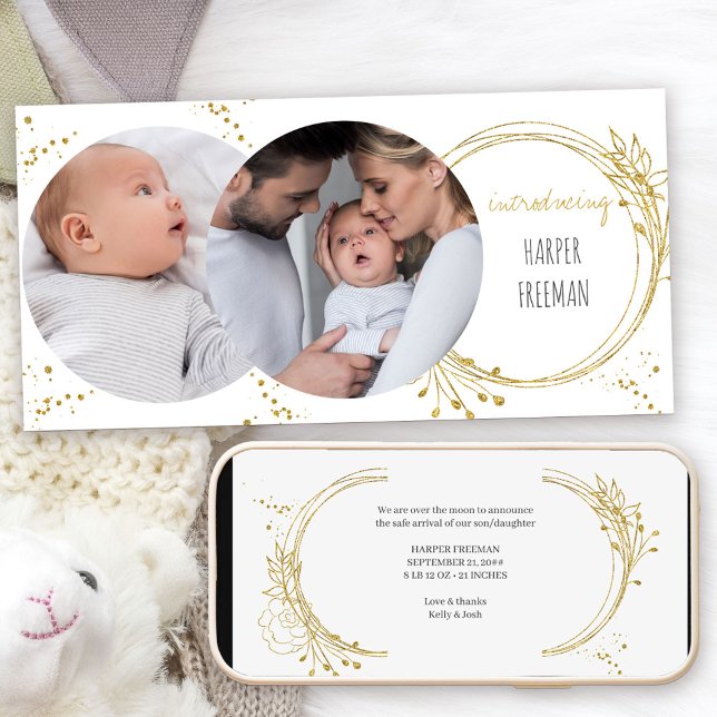 Elegant Botanical Gold 2 Photo Birth Announcement (Modern Photo Baby Birth Announcement. Buy printed or as a printable digital download)