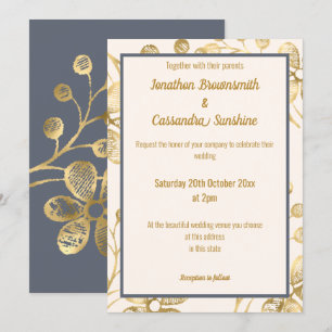 ELEGANT BOTANICAL GOLD BLUSH PINK NAVY WEDDING INVITATION