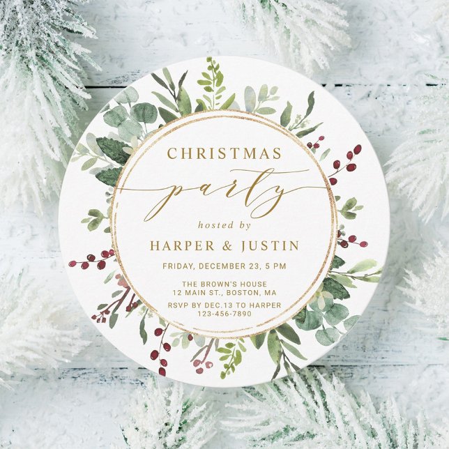 Elegant Botanical Gold Christmas Party Circle Invitation (Creator Uploaded)