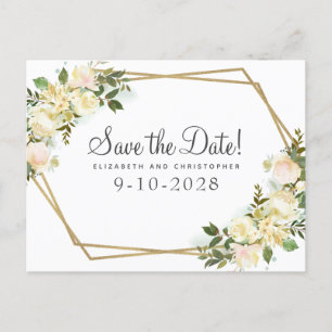 Elegant Botanical Gold Greenery Rose Chic White Announcement Postcard