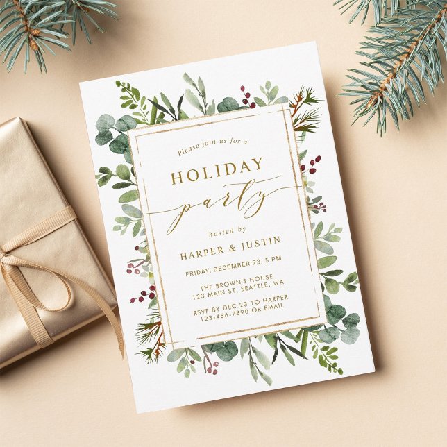 Elegant Botanical Gold Holiday Party Flat Invitation (Creator Uploaded)