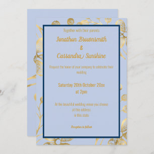 ELEGANT BOTANICAL GOLD PERIWINKLE NAVY WEDDING INVITATION