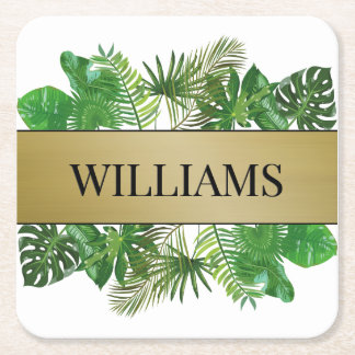 Elegant Botanical Green Faux Gold Palm Leaf Square Paper Coaster