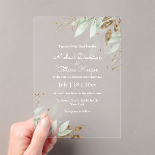 elegant botanical green gold stylish wedding acrylic invitations